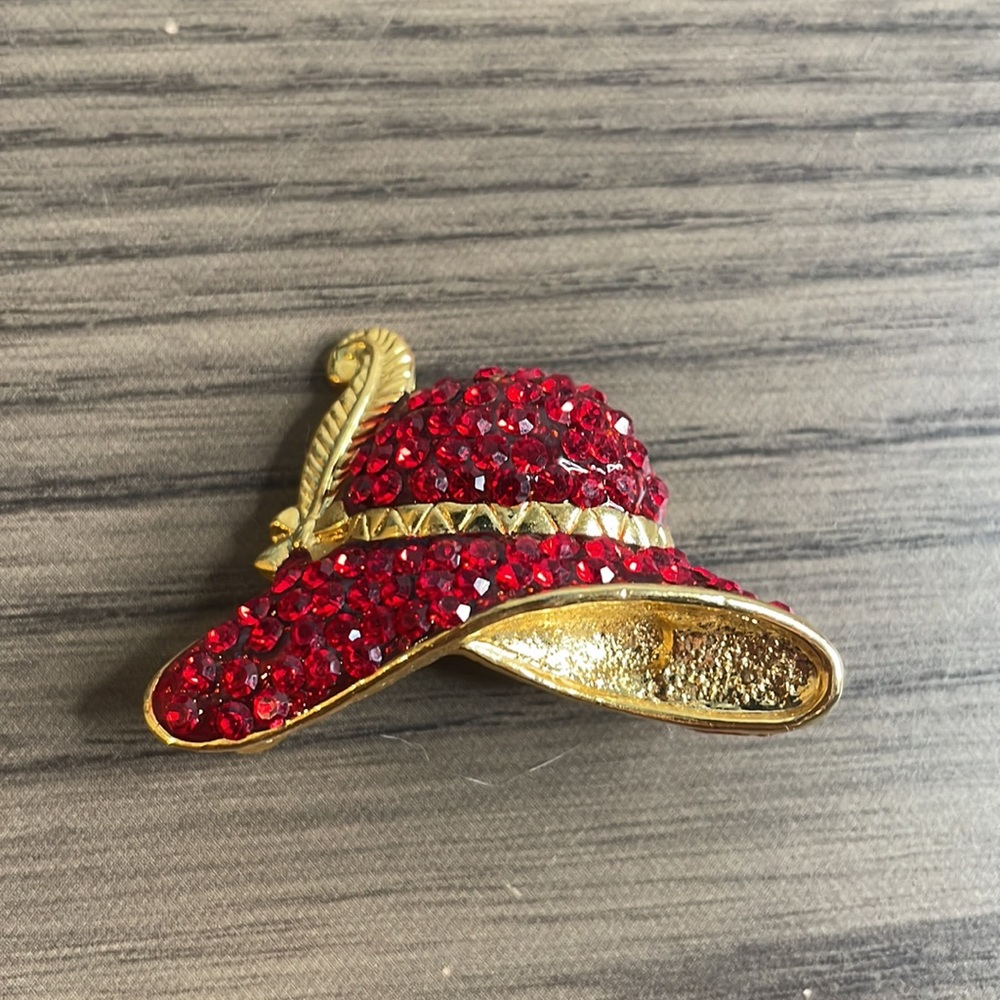 Vintage Red Hat Crystals Brooch Signed LS
